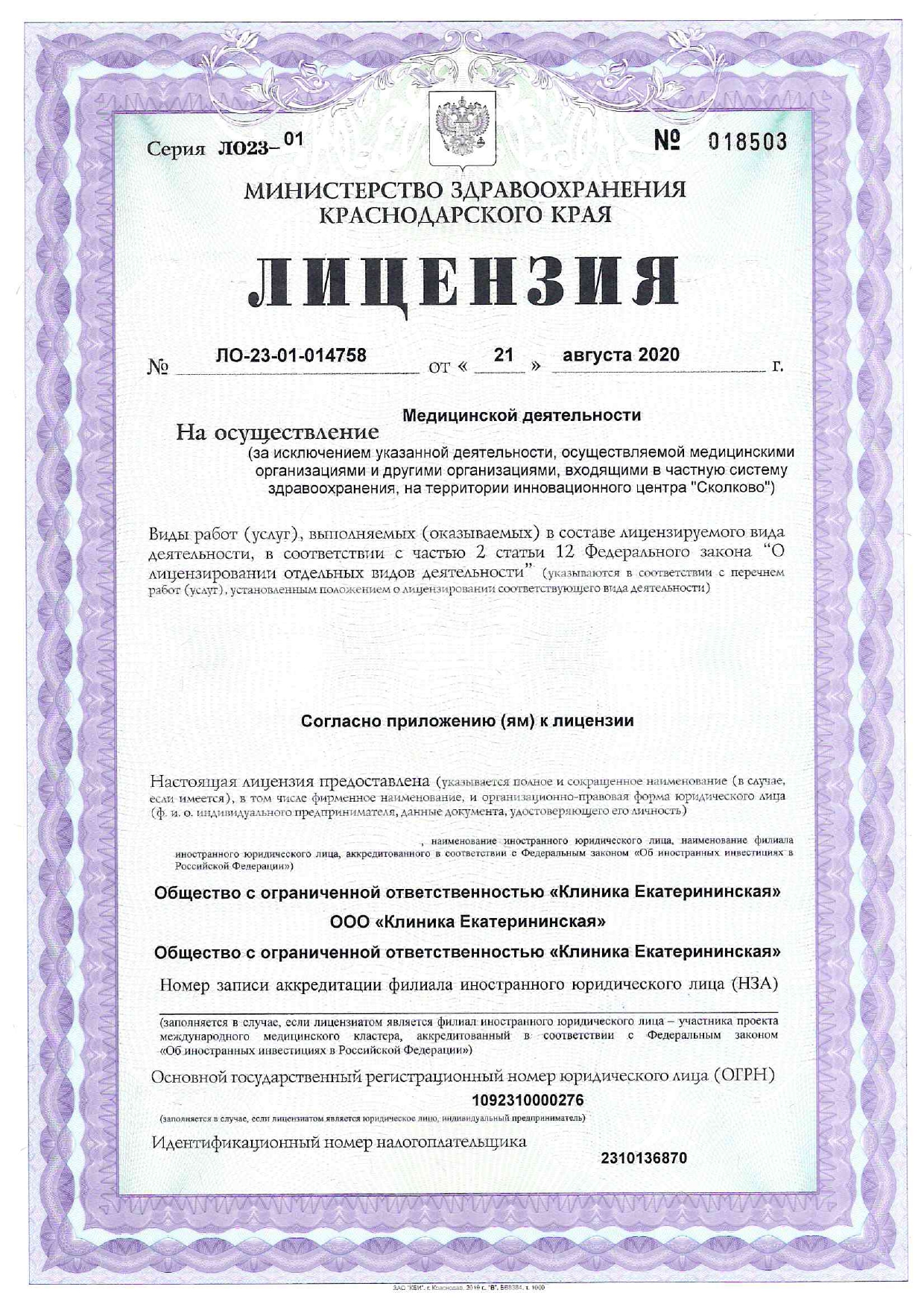 Лицензия клиники Екатерининская