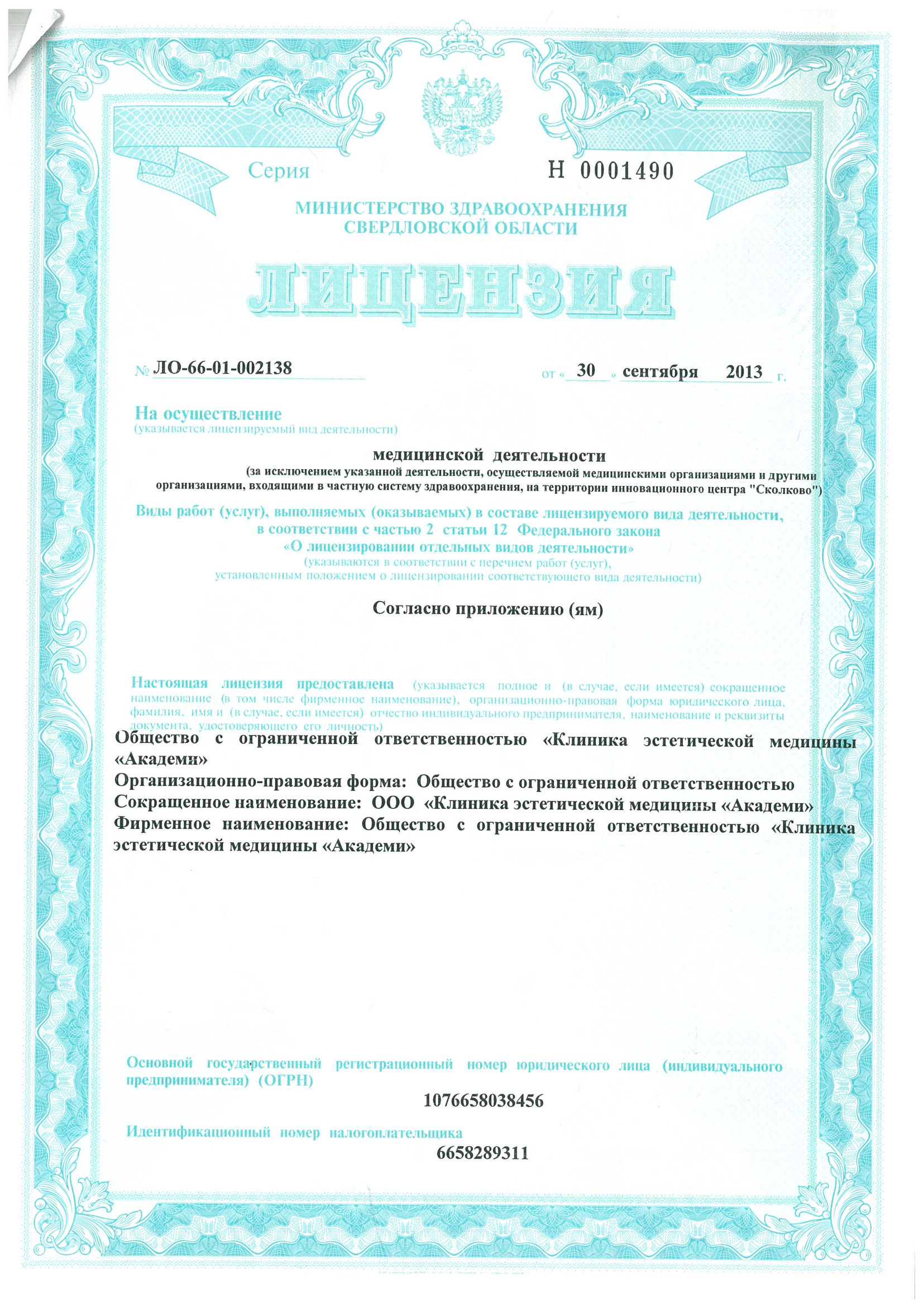 Лицензия клиники Академи