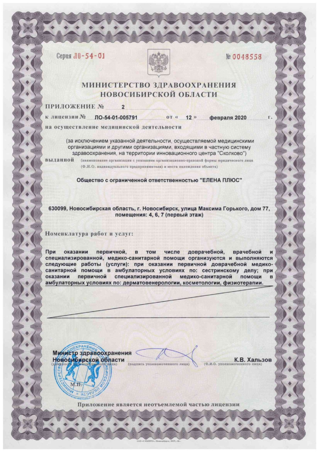 Лицензия клиники Елена