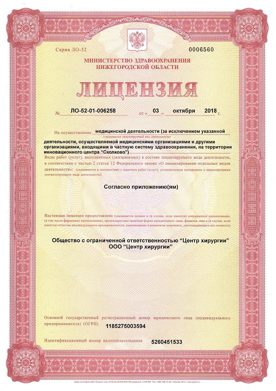 Лицензия клиники Персона