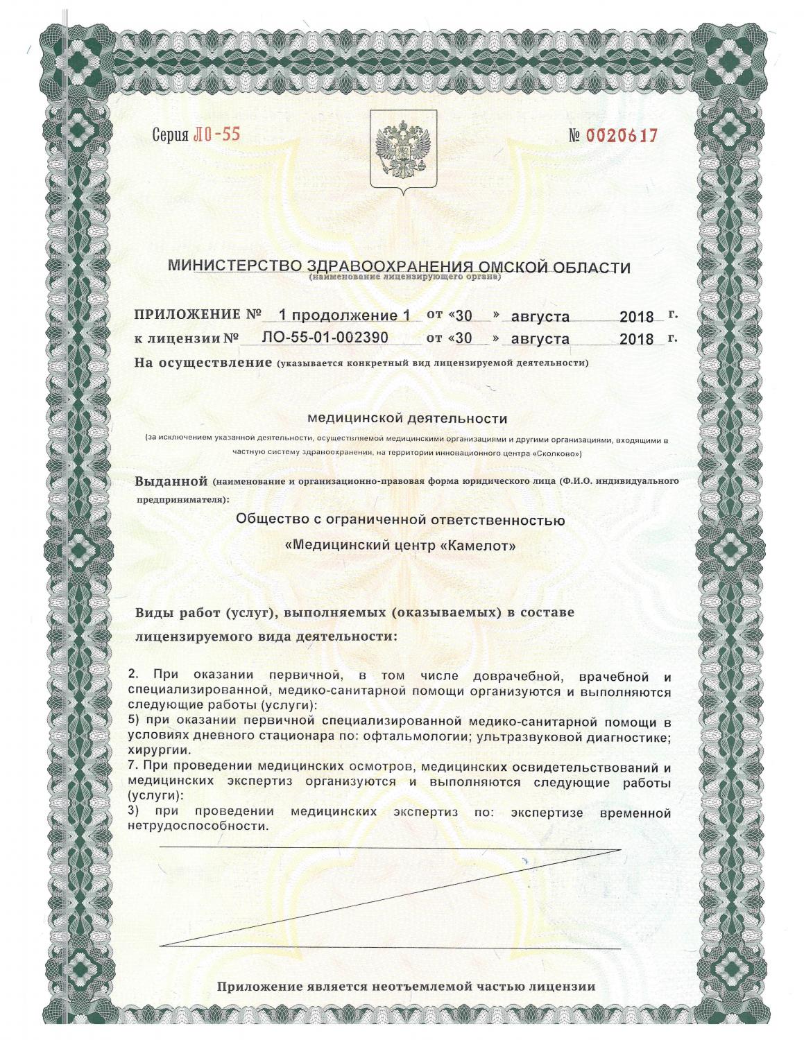 Лицензия клиники Камелот