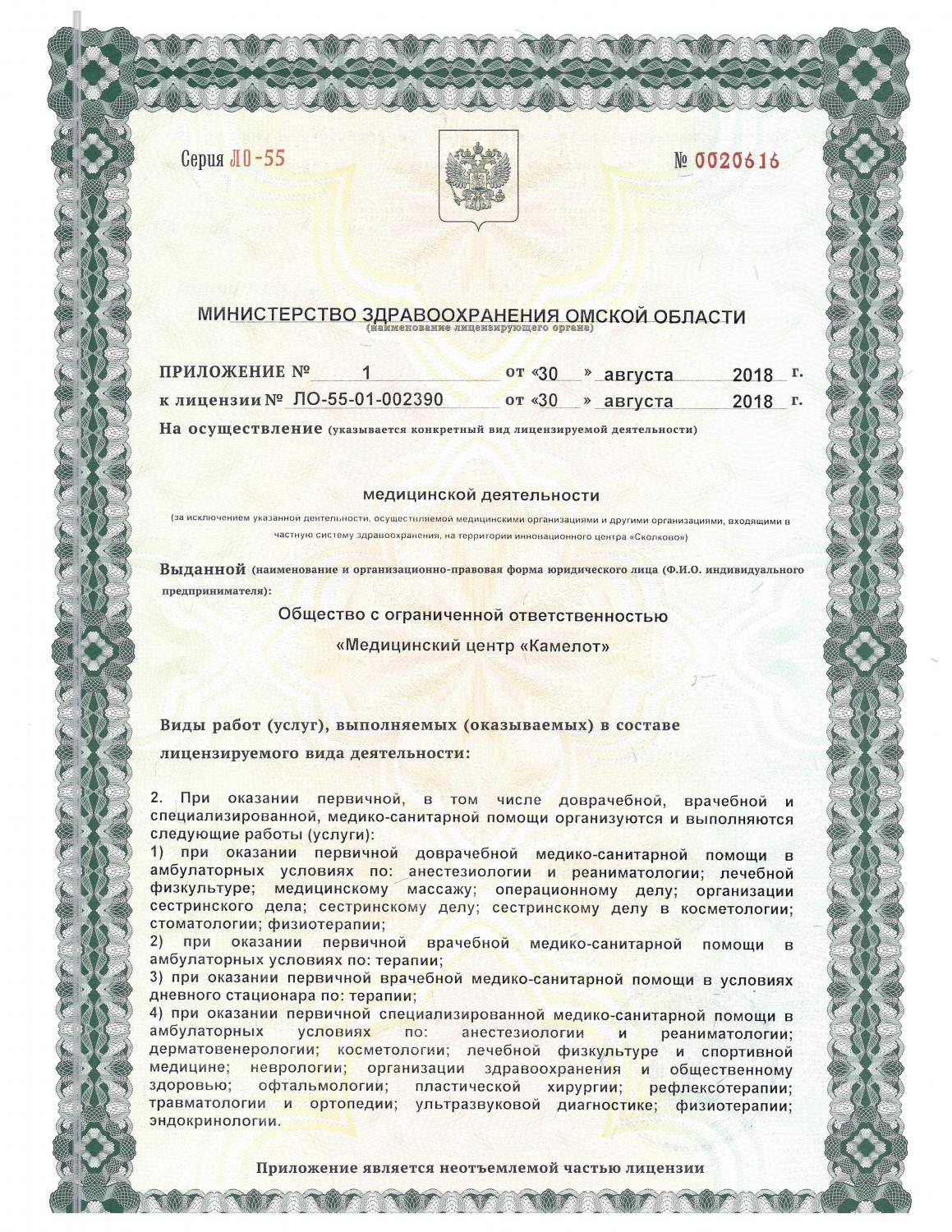 Лицензия клиники Камелот